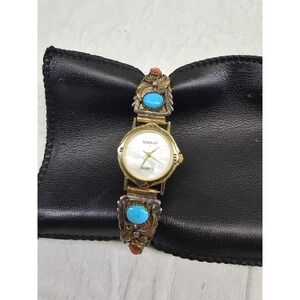 Navajo Sterling Silver Turquoise Coral Quartz Women's Watch 12k Gold filled